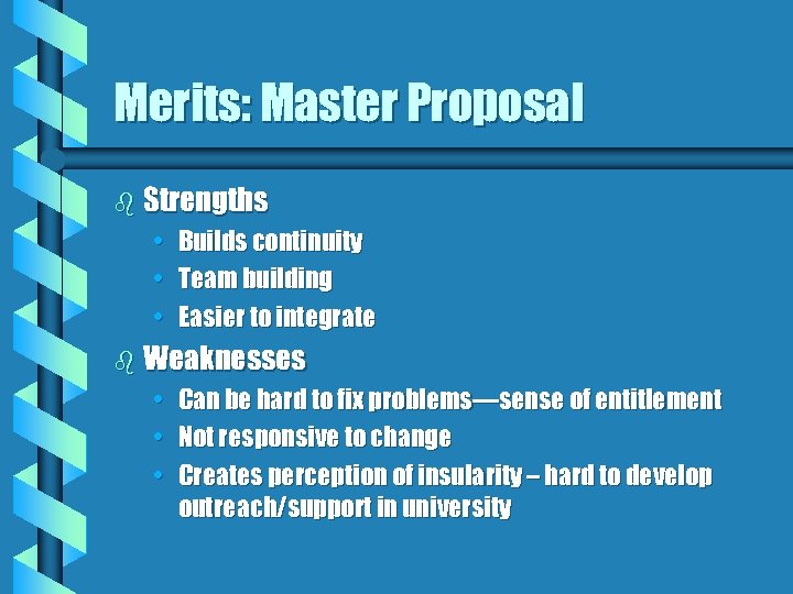 Merits: Master Proposal b Strengths • • • Builds continuity Team building Easier to