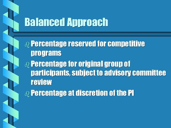 Balanced Approach b Percentage reserved for competitive programs b Percentage for original group of