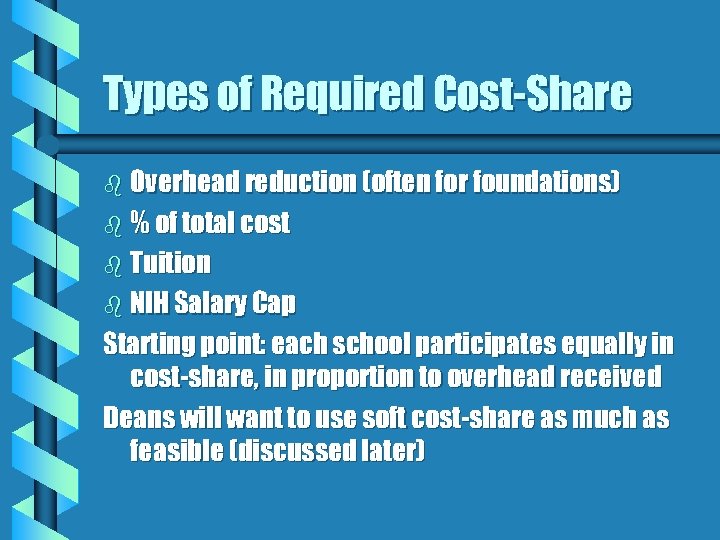 Types of Required Cost-Share b Overhead reduction (often for foundations) b % of total