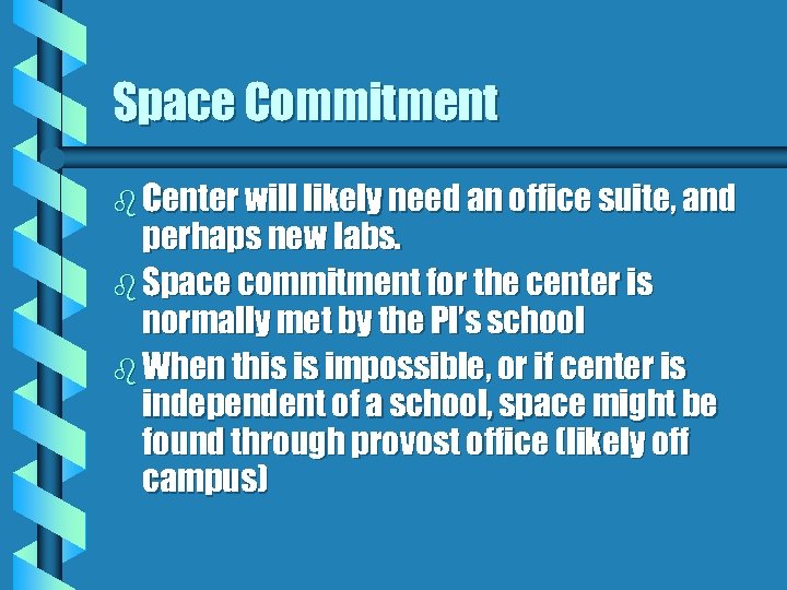 Space Commitment b Center will likely need an office suite, and perhaps new labs.