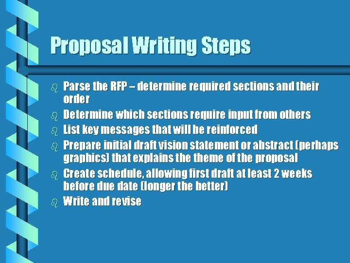 Proposal Writing Steps b b b Parse the RFP – determine required sections and