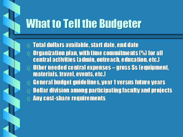 What to Tell the Budgeter b b b Total dollars available, start date, end