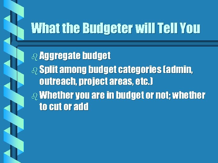 What the Budgeter will Tell You b Aggregate budget b Split among budget categories