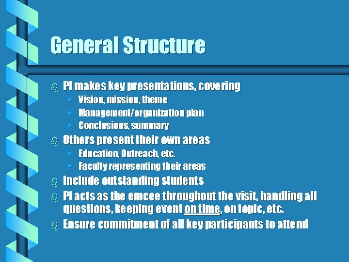 General Structure b PI makes key presentations, covering • • • b Vision, mission,