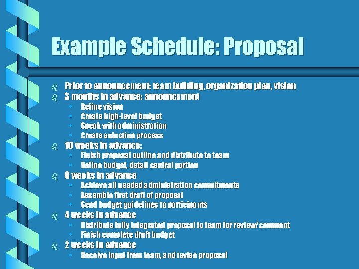 Example Schedule: Proposal b Prior to announcement: team building, organization plan, vision 3 months