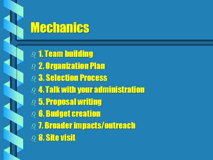 Mechanics b 1. Team building b 2. Organization Plan b 3. Selection Process b