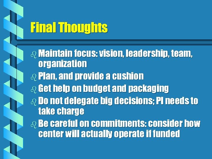 Final Thoughts b Maintain focus: vision, leadership, team, organization b Plan, and provide a