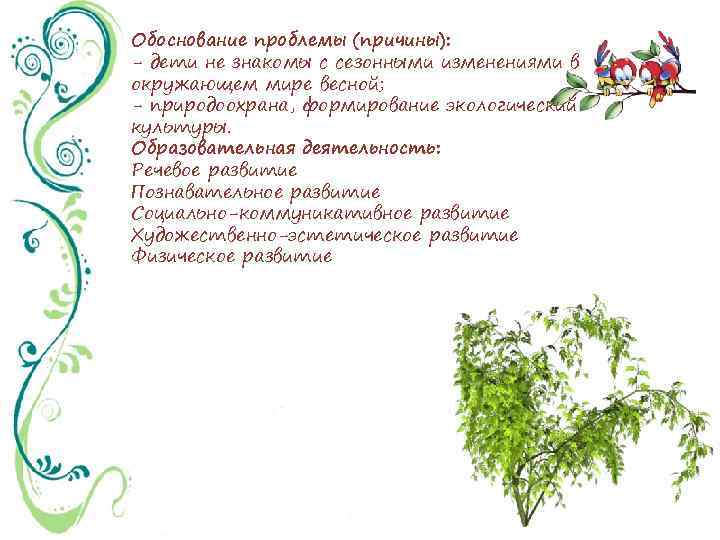 Обоснование проблемы (причины): - дети не знакомы с сезонными изменениями в окружающем мире весной;