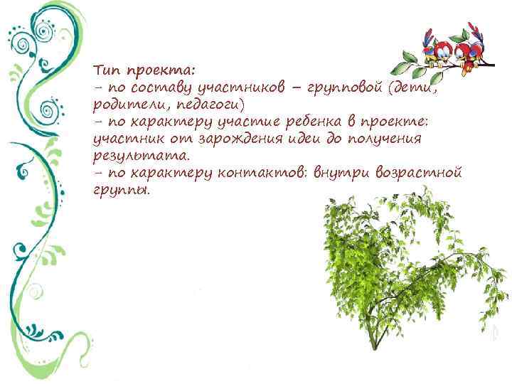 Тип проекта: - по составу участников – групповой (дети, родители, педагоги) - по характеру