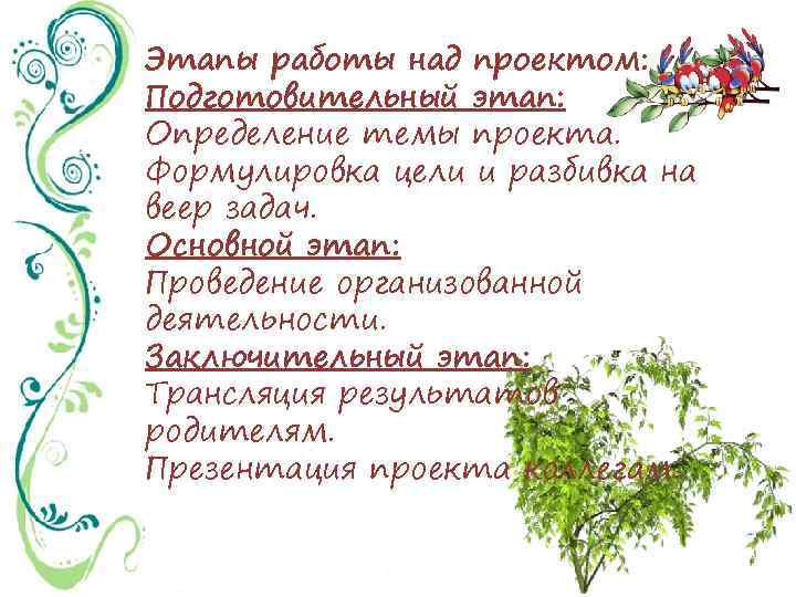 Этапы работы над проектом: Подготовительный этап: Определение темы проекта. Формулировка цели и разбивка на