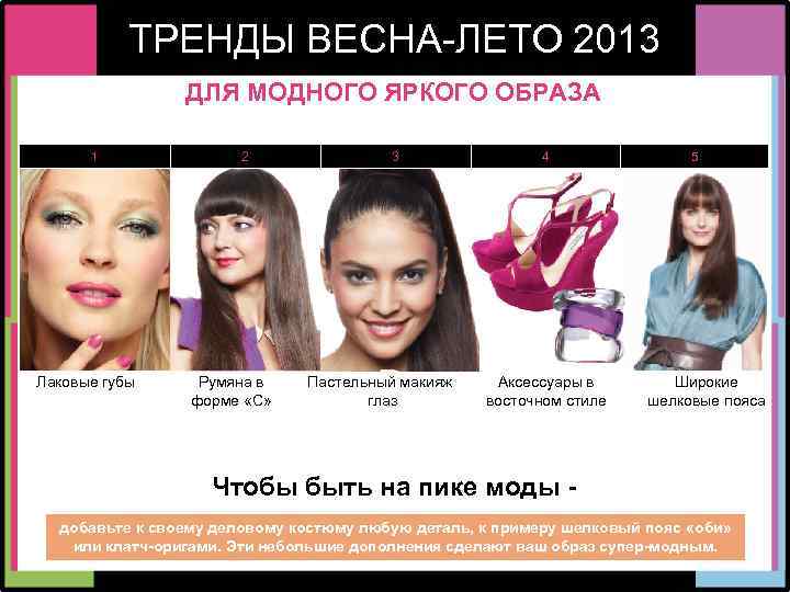 ТРЕНДЫ ВЕСНА-ЛЕТО 2013 ДЛЯ МОДНОГО ЯРКОГО ОБРАЗА 1 Лаковые губы 2 Румяна в форме