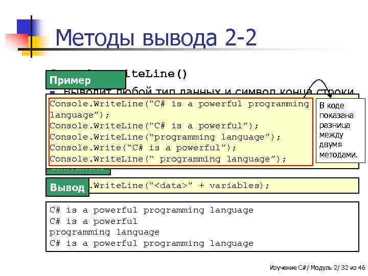 Методы вывода 2 -2 Console. Write. Line() Пример Выводит любой тип данных и символ