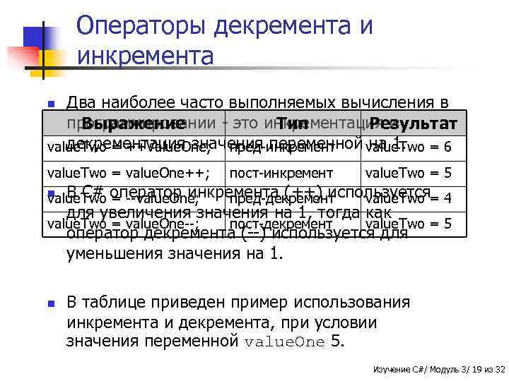 Операторы декремента и инкремента Два наиболее часто выполняемых вычисления в программировании - это инкрементация