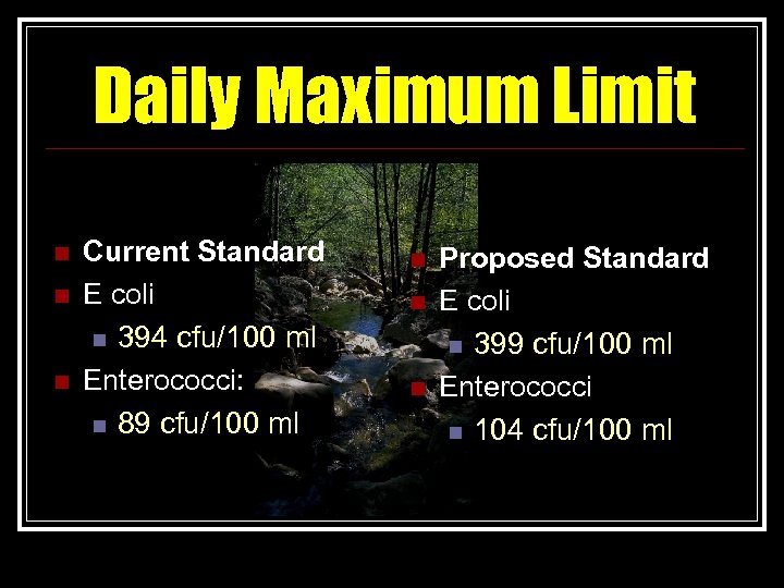 Daily Maximum Limit n n n Current Standard E coli n 394 cfu/100 ml