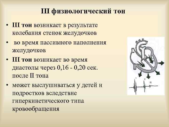 III физиологический тон • III тон возникает в результате колебания стенок желудочков • во