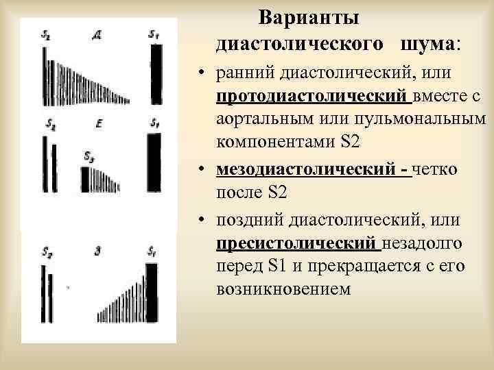  Варианты диастолического шума: • ранний диастолический, или протодиастолический вместе с аортальным или пульмональным