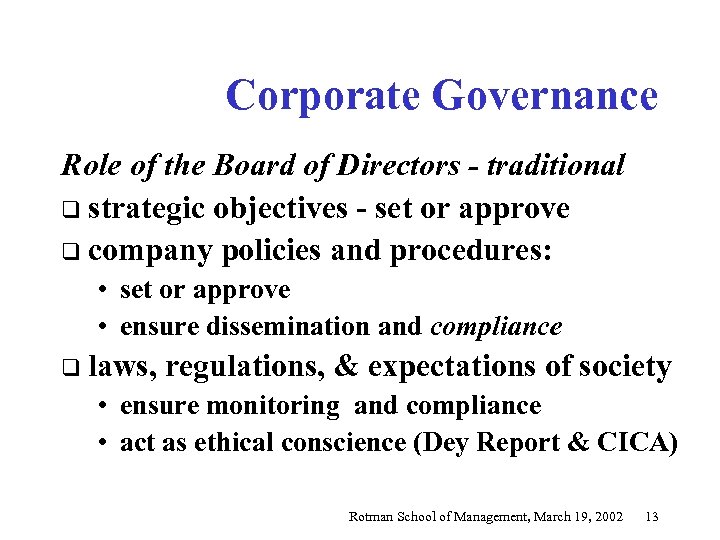 Corporate Governance Role of the Board of Directors - traditional q strategic objectives -