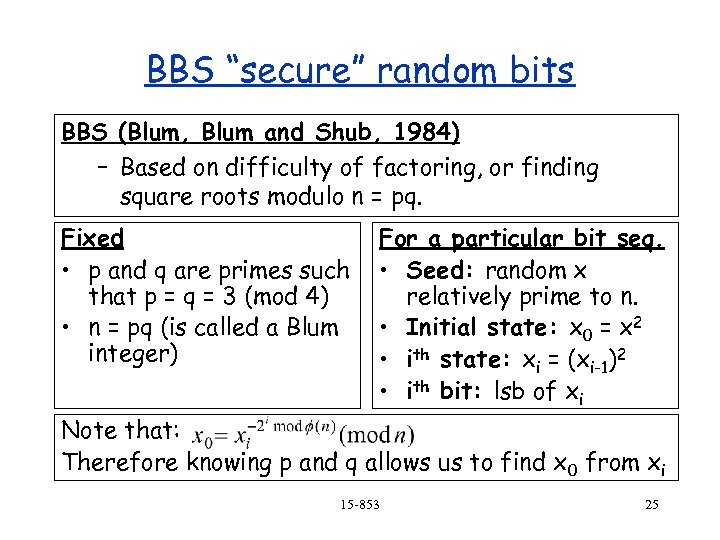 BBS “secure” random bits BBS (Blum, Blum and Shub, 1984) – Based on difficulty