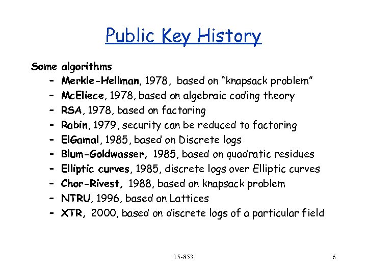 Public Key History Some – – – – – algorithms Merkle-Hellman, 1978, based on