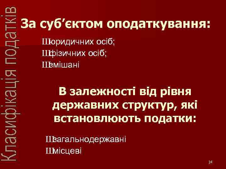 За суб’єктом оподаткування: Ш юридичних осіб; Ш фізичних осіб; Ш змішані В залежності від