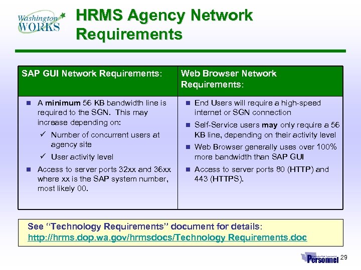 HRMS Agency Network Requirements SAP GUI Network Requirements: n A minimum 56 KB bandwidth