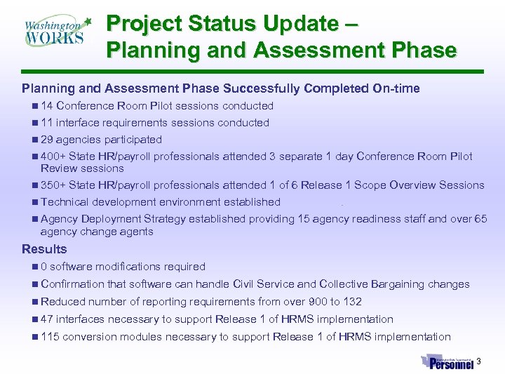 Project Status Update – Planning and Assessment Phase Successfully Completed On-time n 14 Conference