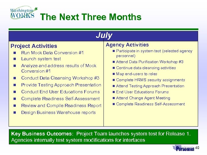 The Next Three Months July Project Activities n n n n n Run Mock