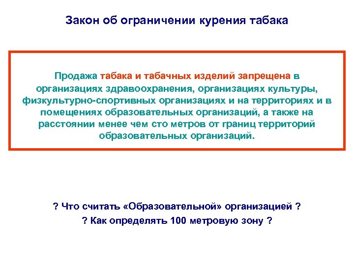 Закон об ограничении курения табака Продажа табака и табачных изделий запрещена в организациях здравоохранения,