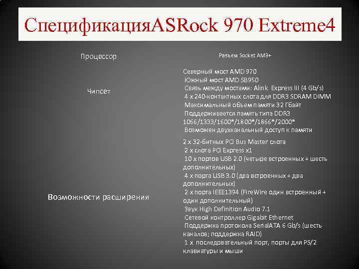 Спецификация. ASRock 970 Extreme 4 Процессор Чипсет Возможности расширения Разъем Socket AM 3+ Северный