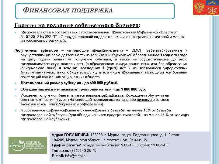ФИНАНСОВАЯ ПОДДЕРЖКА Гранты на создание собственного бизнеса: Ø предоставляются в соответствии с постановлением Правительства