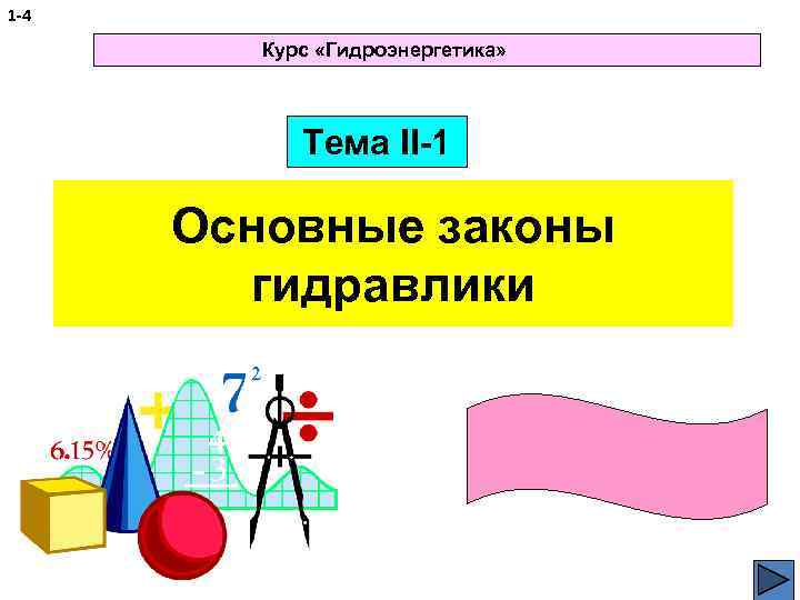 1 -4 Курс «Гидроэнергетика» Тема II-1 Основные законы гидравлики 