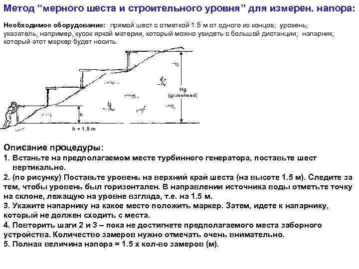 Метод “мерного шеста и строительного уровня” для измерен. напора: Необходимое оборудование: · прямой шест