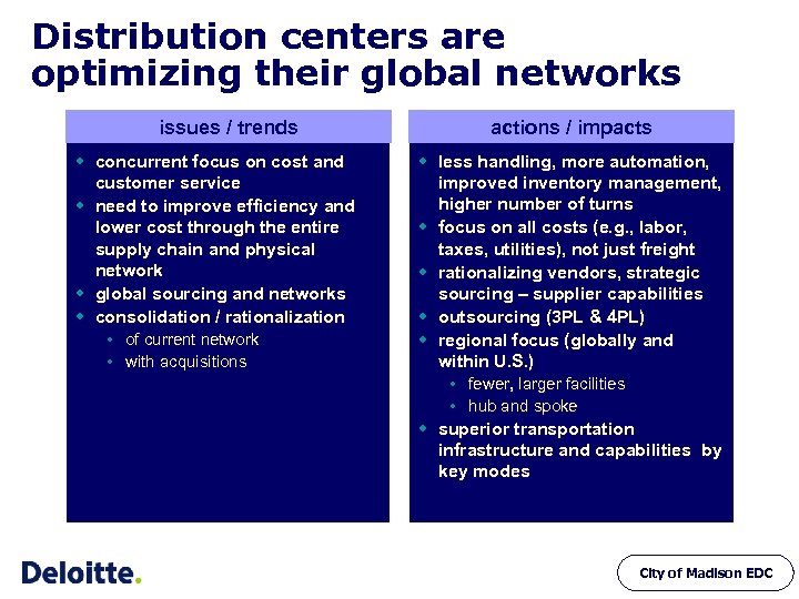 Distribution centers are optimizing their global networks issues / trends w concurrent focus on