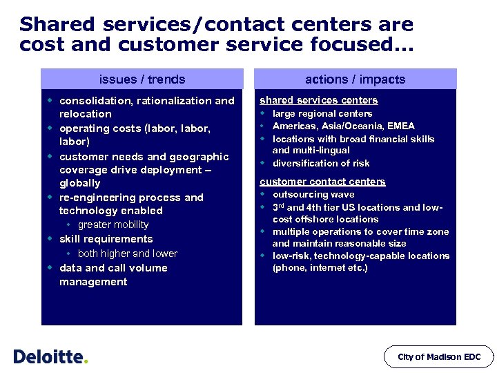 Shared services/contact centers are cost and customer service focused… issues / trends w consolidation,