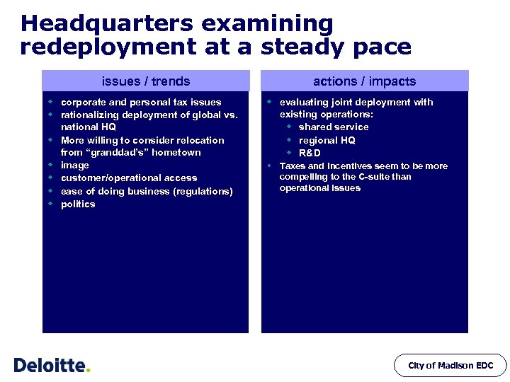 Headquarters examining redeployment at a steady pace issues / trends w corporate and personal