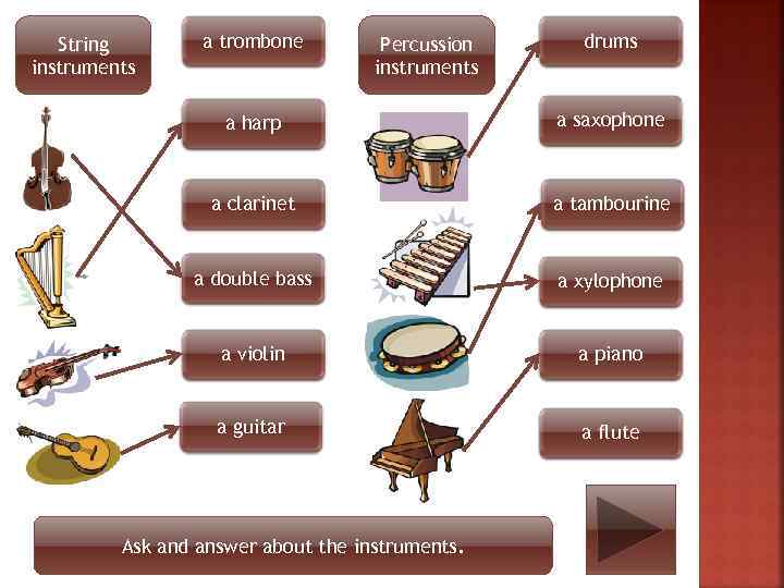 String instruments a trombone Percussion instruments drums a harp a saxophone a clarinet a