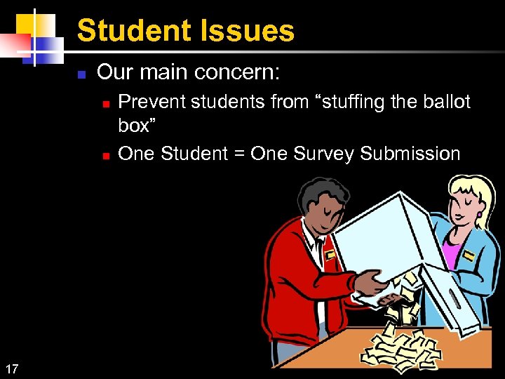Student Issues Our main concern: 17 Prevent students from “stuffing the ballot box” One