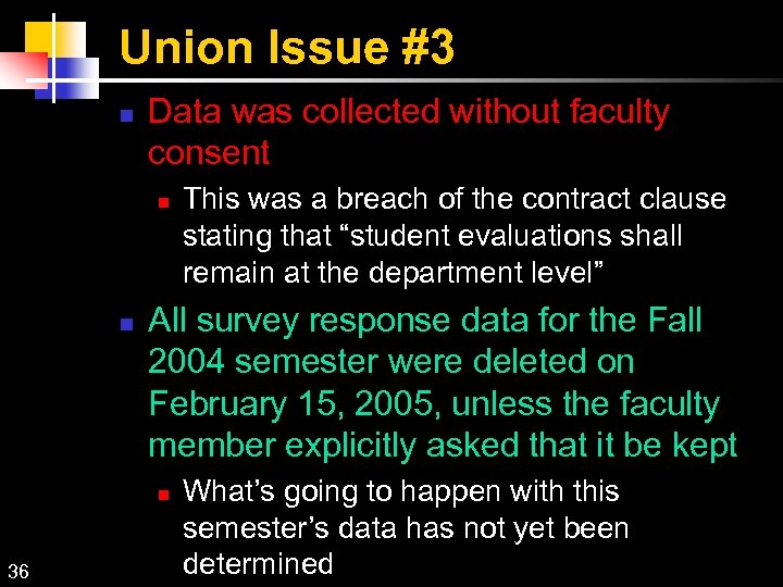 Union Issue #3 Data was collected without faculty consent All survey response data for