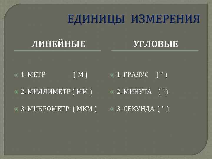 ЕДИНИЦЫ ИЗМЕРЕНИЯ ЛИНЕЙНЫЕ 1. МЕТР (М) УГЛОВЫЕ 1. ГРАДУС (°) 2. МИЛЛИМЕТР ( ММ