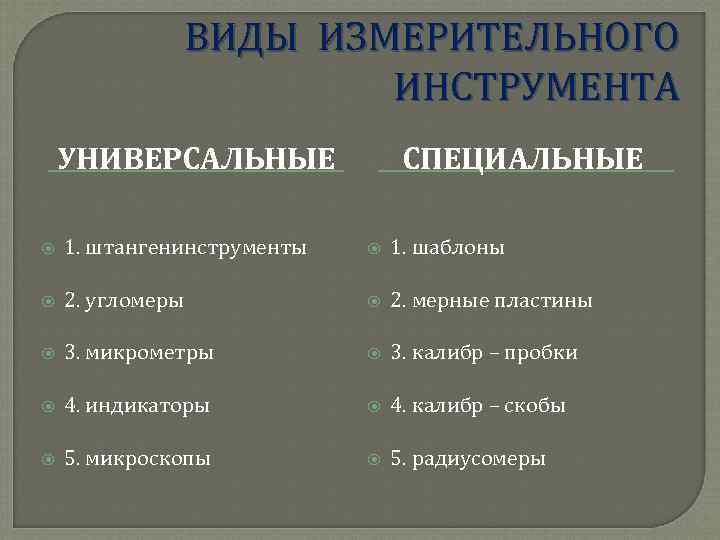 ВИДЫ ИЗМЕРИТЕЛЬНОГО ИНСТРУМЕНТА УНИВЕРСАЛЬНЫЕ СПЕЦИАЛЬНЫЕ 1. штангенинструменты 1. шаблоны 2. угломеры 2. мерные пластины