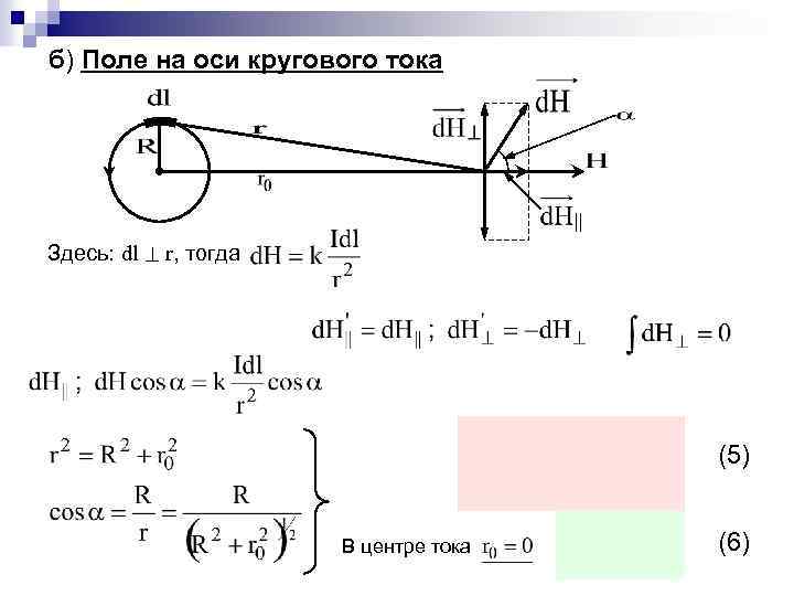 б) Поле на оси кругового тока Здесь: dl r, тогда (5) В центре тока