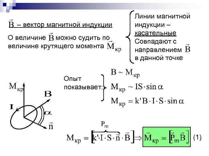 – вектор магнитной индукции О величине можно судить по величине крутящего момента Линии магнитной