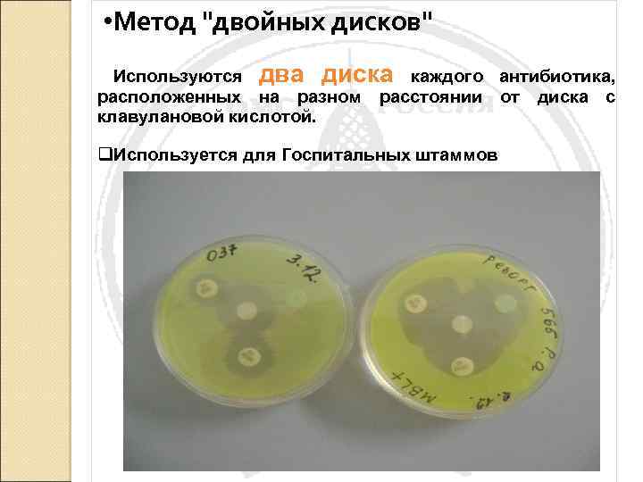  • Метод "двойных дисков" Используются два диска каждого антибиотика, расположенных на разном расстоянии