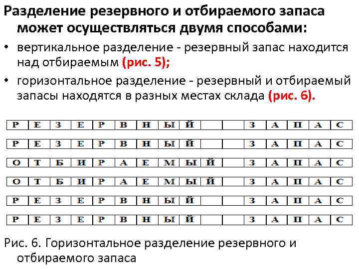 Разделение резервного и отбираемого запаса может осуществляться двумя способами: • вертикальное разделение - резервный