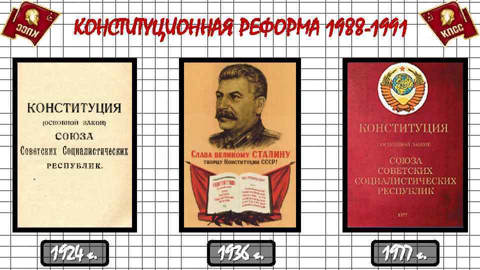 КОНСТИТУЦИОННАЯ РЕФОРМА 1988 -1991 1924 г. 1936 г. 1977 г. 