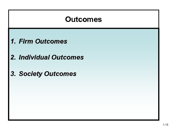 Outcomes 1. Firm Outcomes 2. Individual Outcomes 3. Society Outcomes 1 -15 