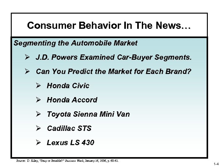 Consumer Behavior In The News… Segmenting the Automobile Market Ø J. D. Powers Examined