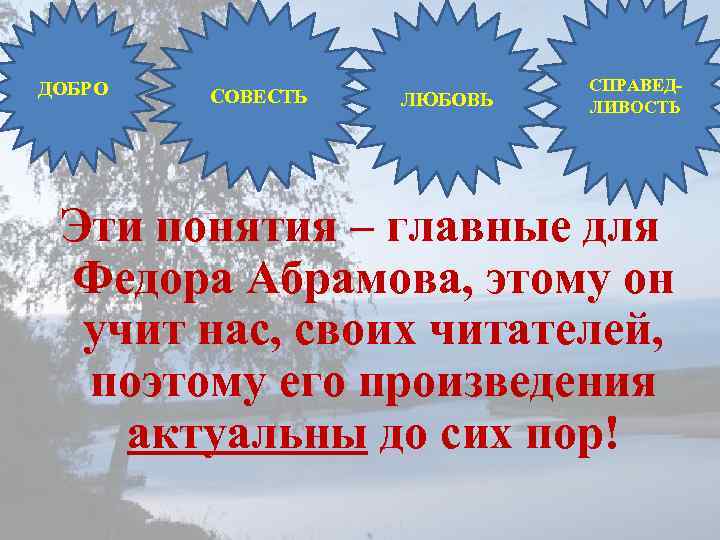 ДОБРО СОВЕСТЬ ЛЮБОВЬ СПРАВЕДЛИВОСТЬ Эти понятия – главные для Федора Абрамова, этому он учит
