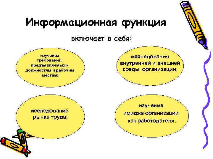 Информационная функция включает в себя: изучение требований, предъявляемых к должностям и рабочим местам; исследование