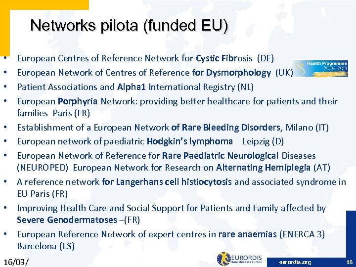 Networks pilota (funded EU) • • • European Centres of Reference Network for Cystic